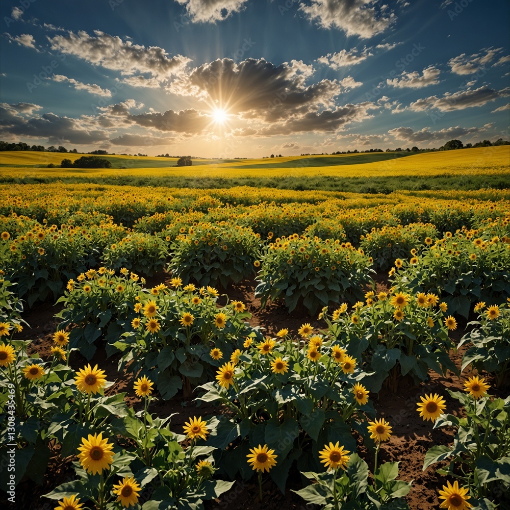 Obraz premium field of sunflowers and sunset