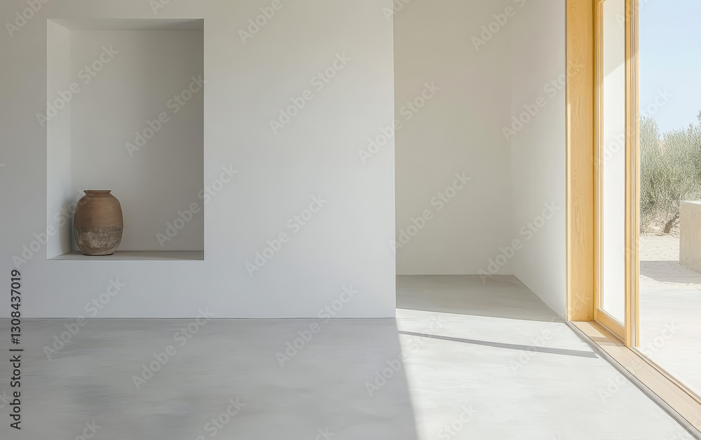 Minimalist interior showcasing natural light with pottery detailing in a serene space Minimalist interior showcasing natural light with pottery detailing in a serene space