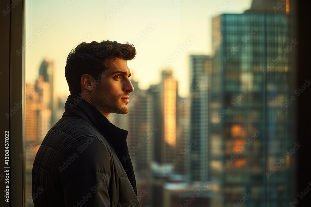 Fototapeta premium A young man in a jacket looks out a window at a cityscape during sunset.