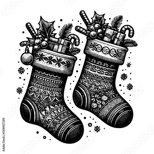 Christmas sock sketch engraving black and white outline. Scratch board imitation.
