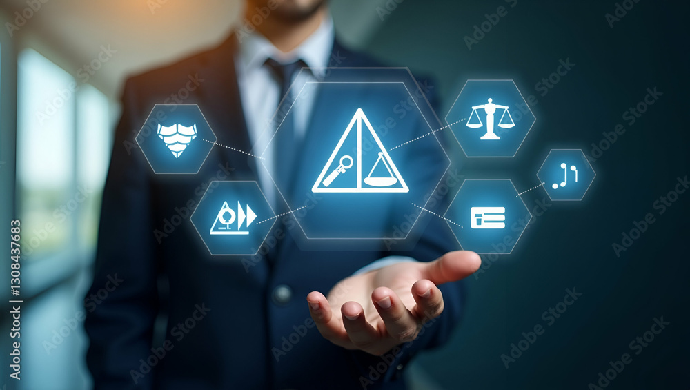 Professional Interacting with Icons for AI Ethics: Using Advanced Tools for Ethical AI Development and Balanced Decision Making in Photo Stock Concept with Empty Space on the Left Side Professional Interacting with Icons for AI Ethics: Using Advanced Tools for Ethical AI Development and Balanced Decision Making in Photo Stock Concept with Empty Space on the Left Side
