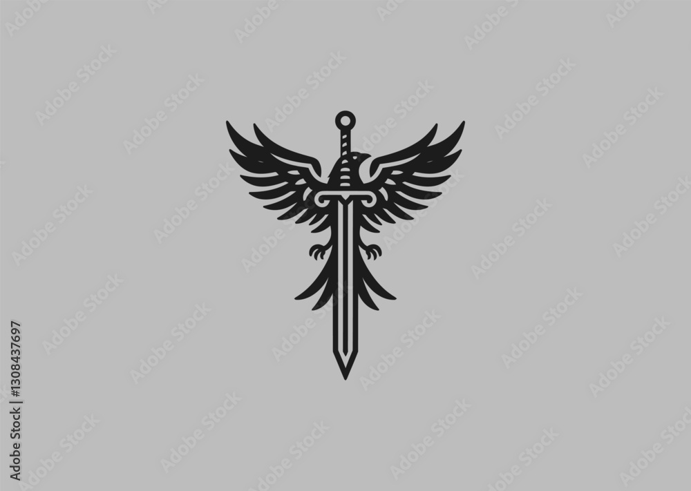 Obraz premium Raven Sword Logo – A sleek sword combined with a raven, representing mystery, wisdom, and battle.