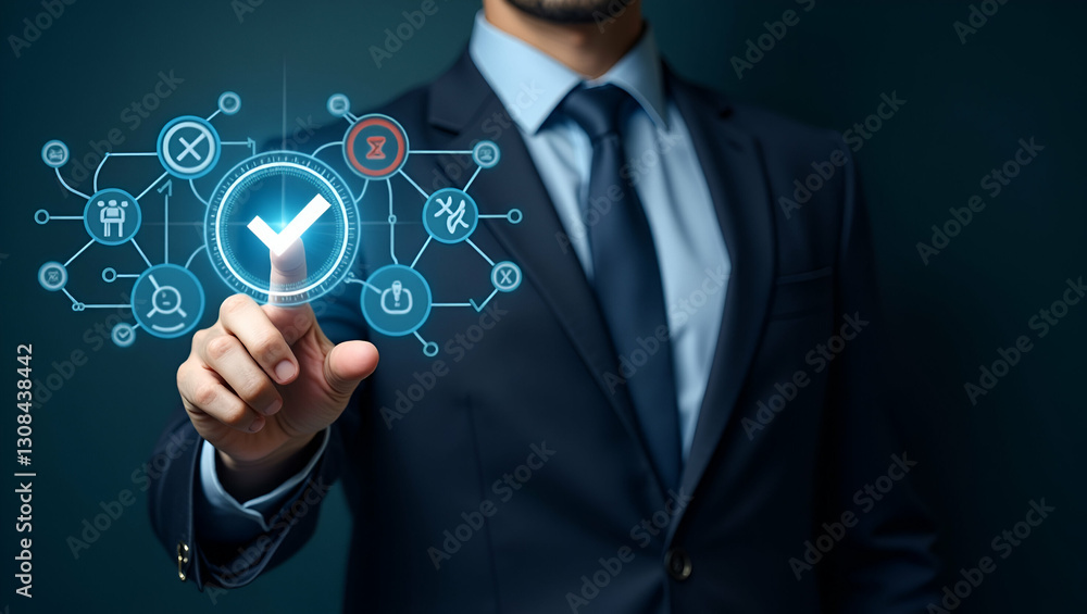 Futuristic Task Approval: Flat Businessman Using Holographic Icons Futuristic Task Approval: Flat Businessman Using Holographic Icons