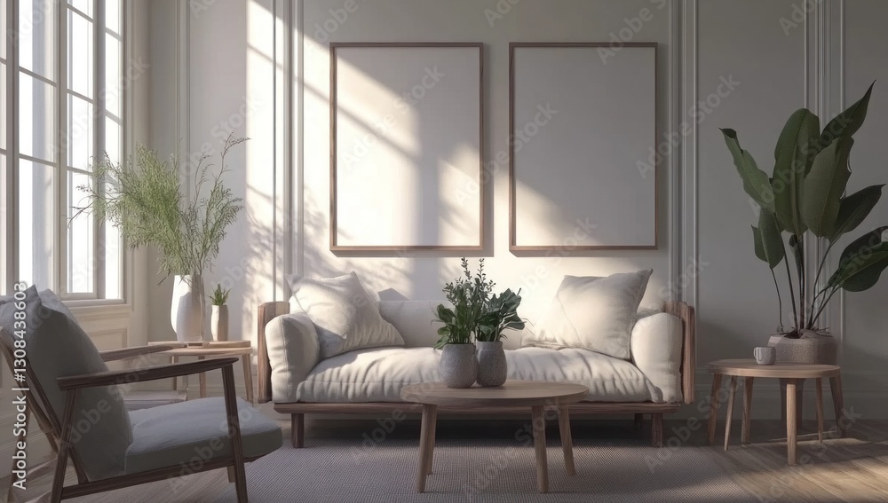 Minimalist living room with two blank frames, a light beige couch, and wooden accents. Sunlight streams into the room. Minimalist living room with two blank frames, a light beige couch, and wooden accents. Sunlight streams into the room.