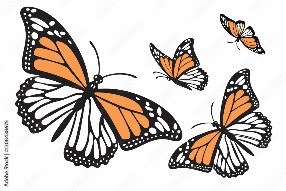 Fototapeta premium Monarch butterflies set. Vector illustration isolated on white background