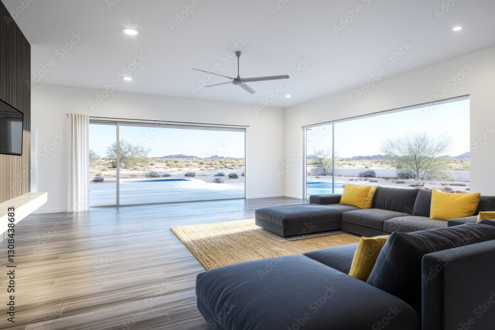 Fototapeta premium Modern living room with panoramic desert views and minimalist decor at sunset