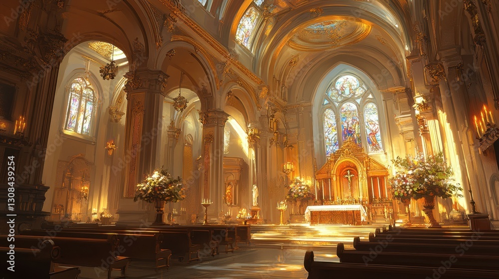 Obraz premium A warm church interior, bathed in soft, golden light. ornate ceilings with grand arches and pillars adorned with gold accents. Stained glass windows cast colorful, The altar is illuminated by candles.