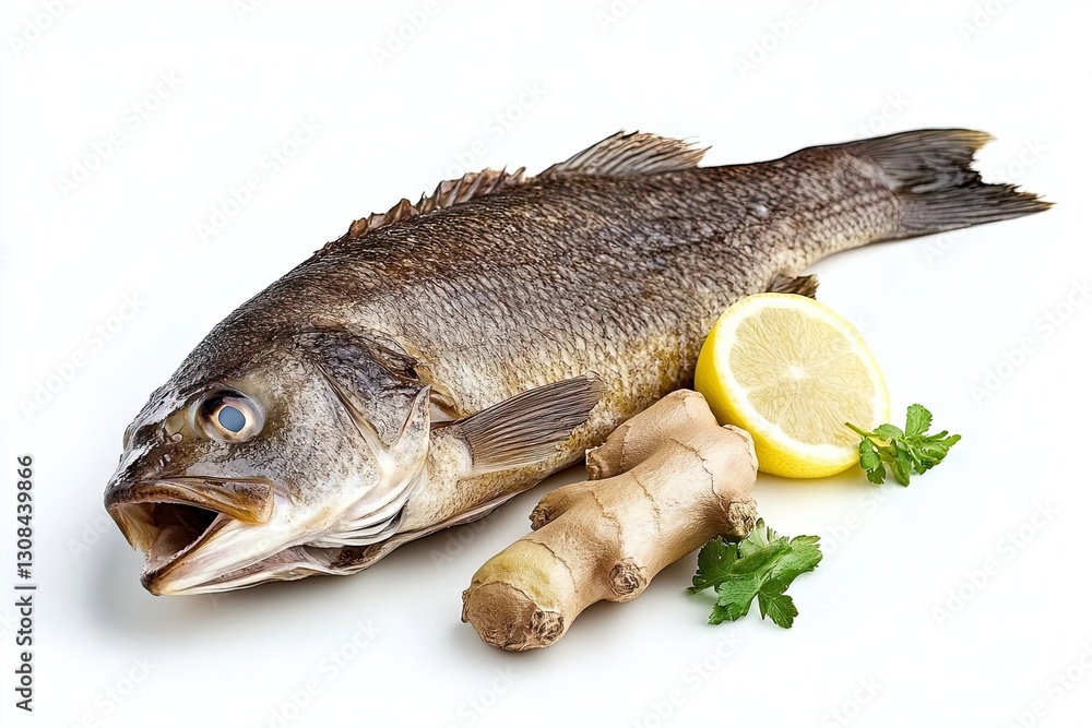 Steamed fish with ginger isolated on white background Steamed fish with ginger isolated on white background