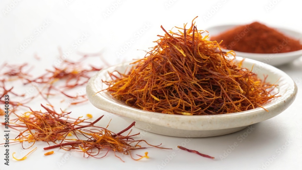 Naklejka premium Golden Saffron Threads: Exquisite Porcelain Plate Landscape Photography