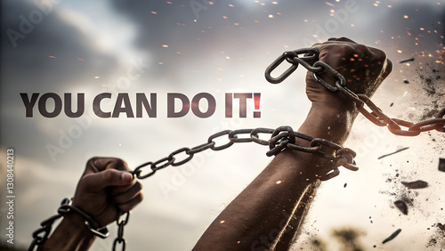 Hands breaking chains with the text 