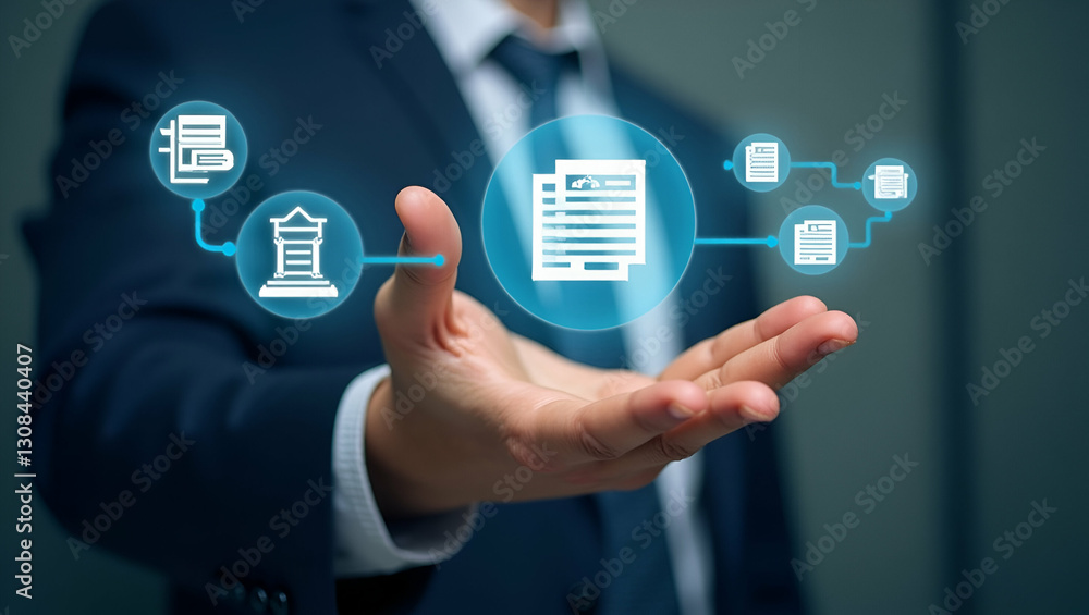 A Hand Interacts with Floating Legal Documents and Approval Workflows: Visualizing Legal Documentation and Compliance Processes in Stock Photography with Space for Text A Hand Interacts with Floating Legal Documents and Approval Workflows: Visualizing Legal Documentation and Compliance Processes in Stock Photography with Space for Text