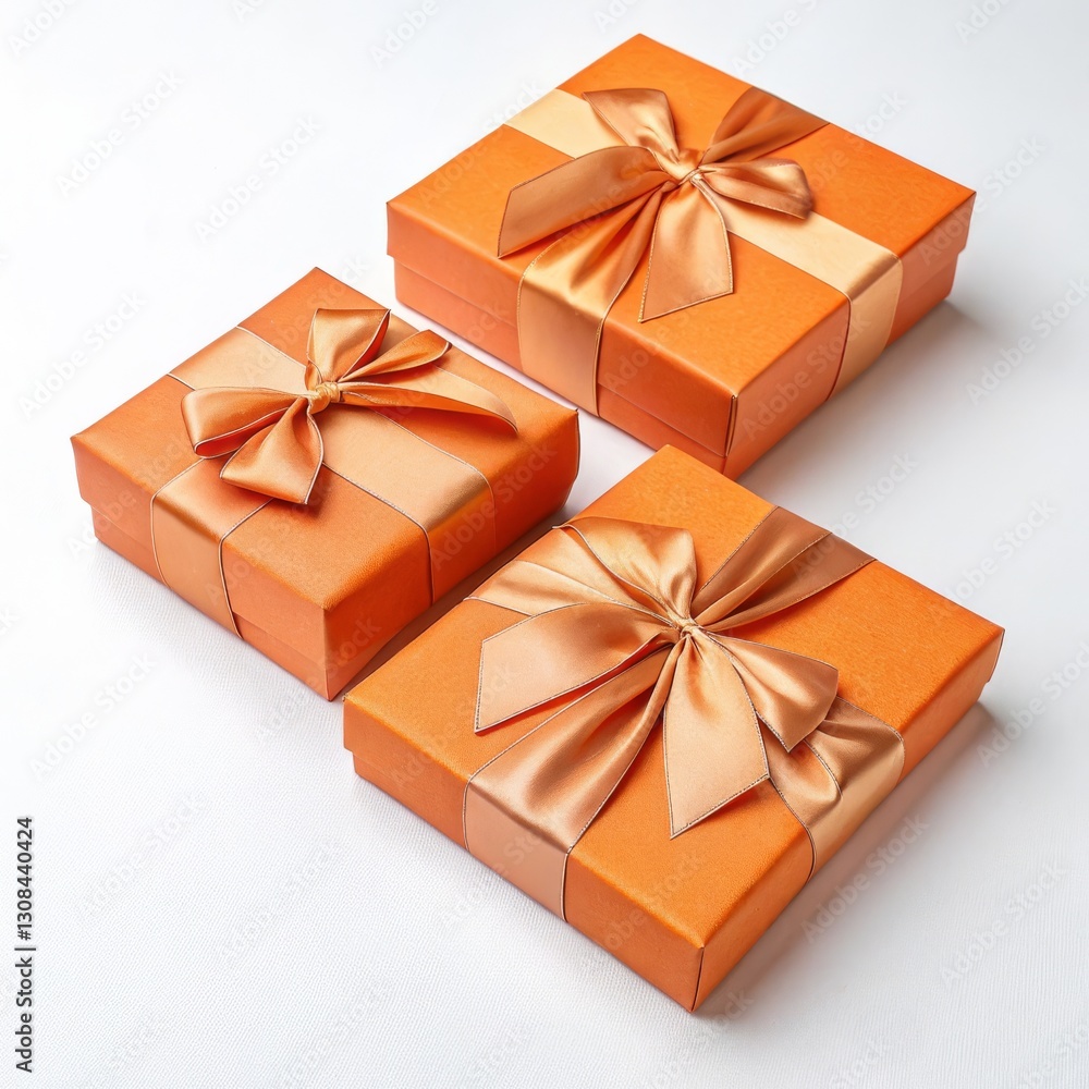 Fototapeta premium Three Orange Gift Boxes with Rose Gold Ribbon,Product Photography,Gift Concept Gift,Packaging