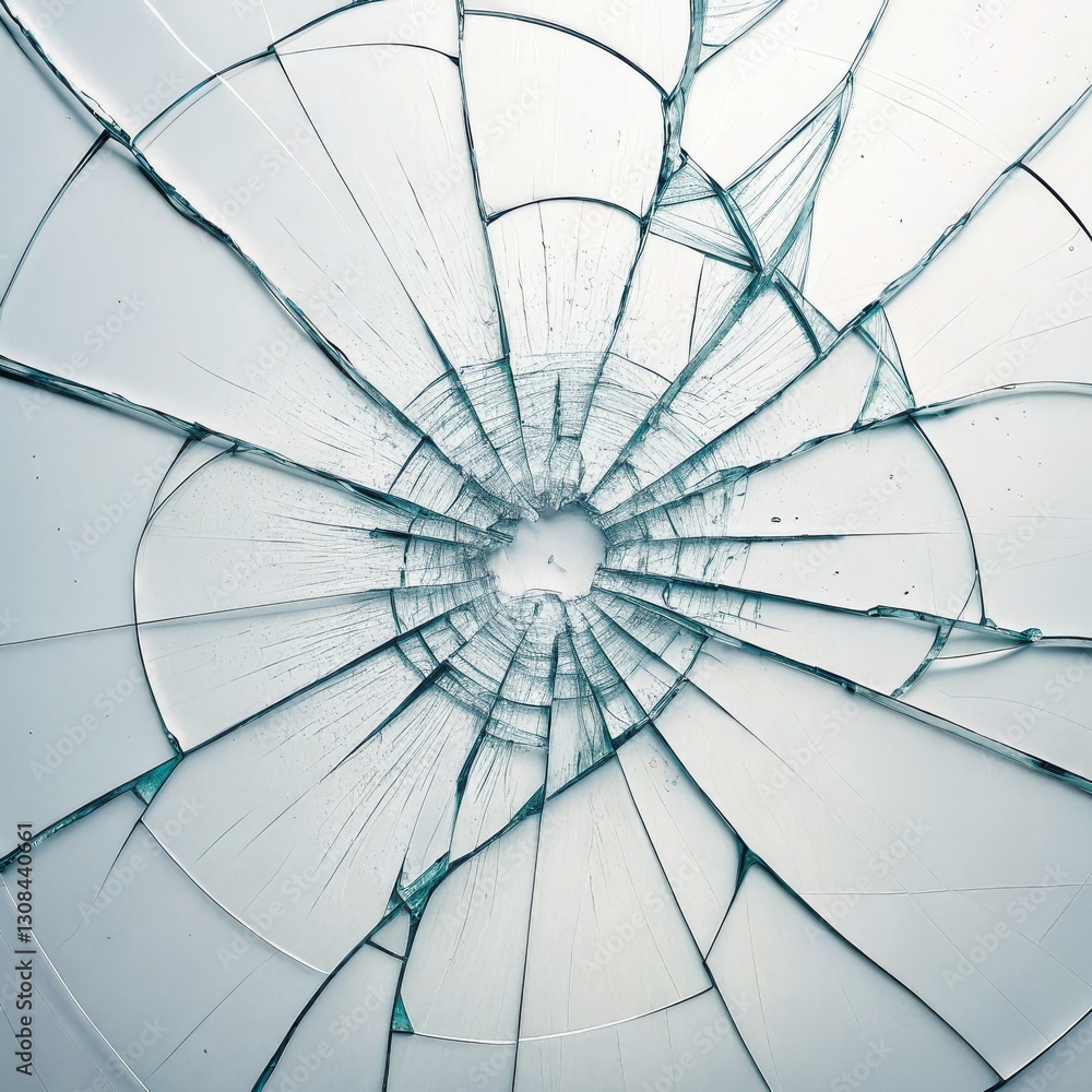 Fototapeta premium Radial Shattered Glass Abstract Composition, Teal Hues, Broken Surface Texture, Destruction Concept Shattered glass, broken texture
