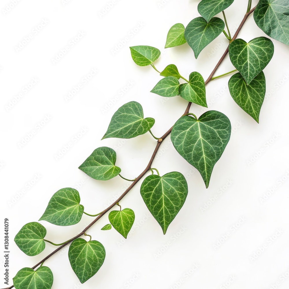 Naklejka premium Heart-Shaped Leaves Vine on White Minimalist Photography Composition, Green Foliage, Nature Concept plant photography, greenery