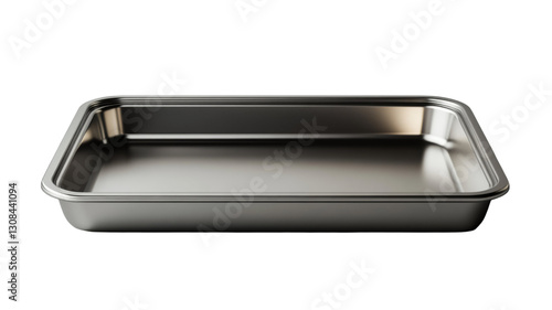 Empty metallic baking pan on a black background. Perfect for baking, roasting, or serving.