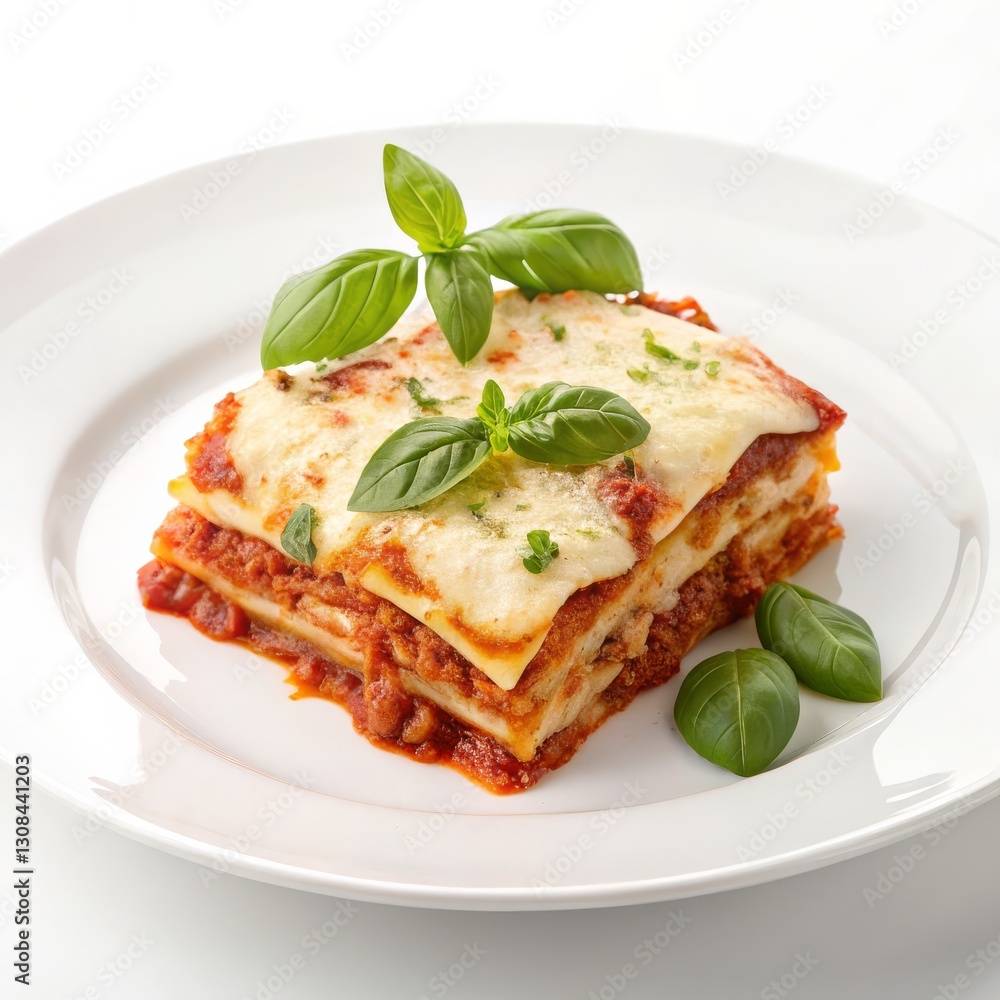 Lasagna Food Photography Close-up Composition, White Plate, Basil Garnish, Italian Cuisine, food styling Lasagna, Italian food Lasagna Food Photography Close-up Composition, White Plate, Basil Garnish, Italian Cuisine, food styling Lasagna, Italian food