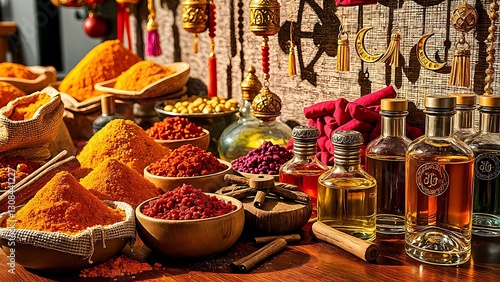 Vibrant Eid Market Stall with Spices, Perfumes, and Festive Decorations – Close-Up View
