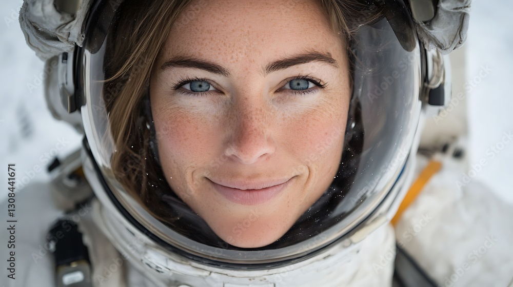 Close-up portrait of a smiling female astronaut. Close-up portrait of a smiling female astronaut.