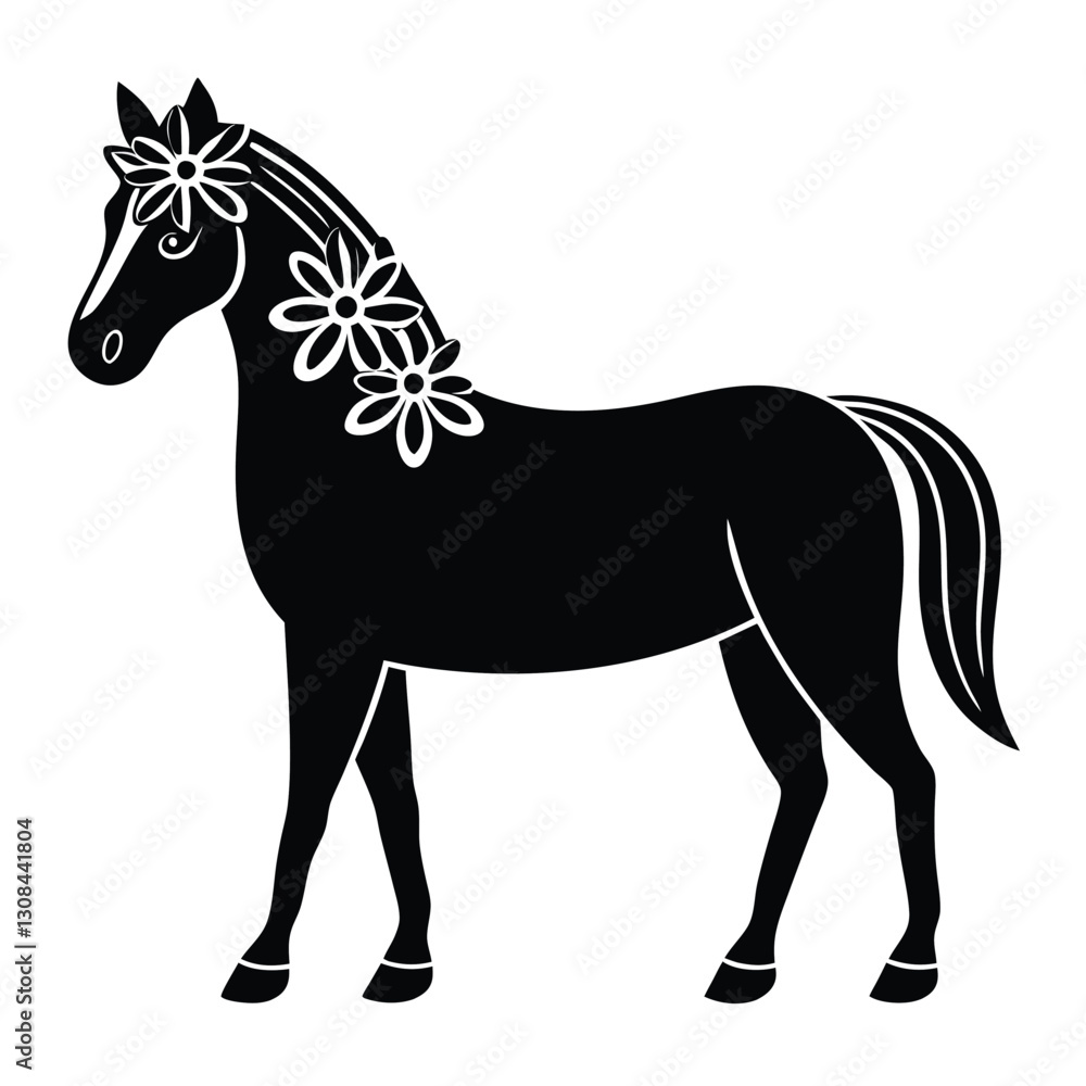Obraz premium Stylized Trotting Horse with Floral Flourish
