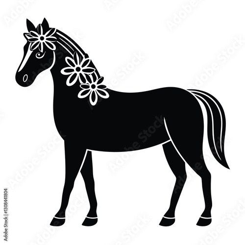 Stylized Trotting Horse with Floral Flourish