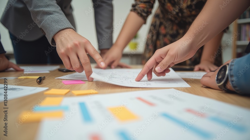 A group collaborates around a table, pointing at documents and notes, showcasing teamwork and brainstorming in a professional setting. A group collaborates around a table, pointing at documents and notes, showcasing teamwork and brainstorming in a professional setting.