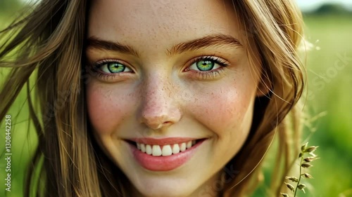 A beautiful woman with long hair, large eyes, and thin eyebrows, fair skin, blue-green eyes, and pink lip gloss, generative AI