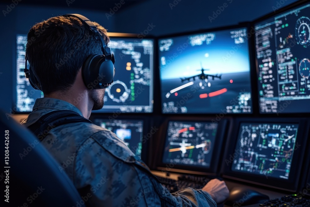 A military personnel operates multiple monitors displaying flight data in a control room, focused and in a headset. A military personnel operates multiple monitors displaying flight data in a control room, focused and in a headset.