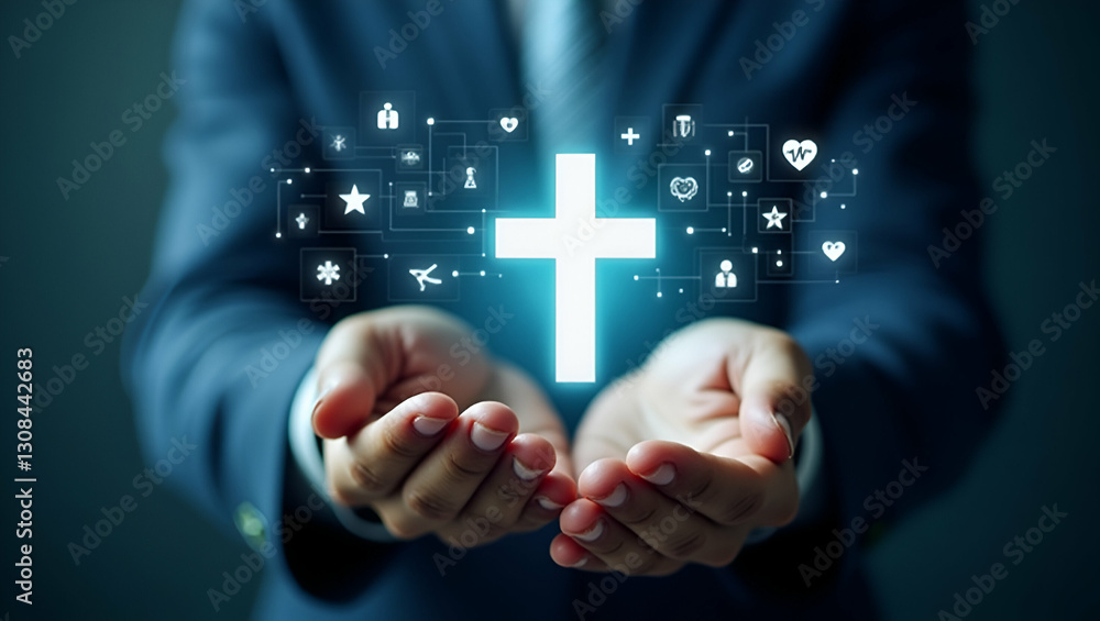 Hand Holding a Glowing Holographic Cross Surrounded by Health Icons: Innovative Healthcare Solutions Concept in Stock Photo with Empty Space for Customization Hand Holding a Glowing Holographic Cross Surrounded by Health Icons: Innovative Healthcare Solutions Concept in Stock Photo with Empty Space for Customization