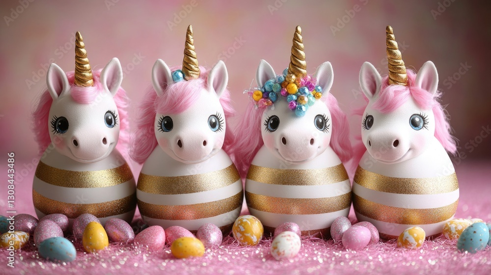 Fototapeta premium Colorful unicorn decorations with golden horns and easter eggs. Easter, Pascha, Paskha, Ostern, Pascua, Paques - Orthodox and Catholic Holiday celebration