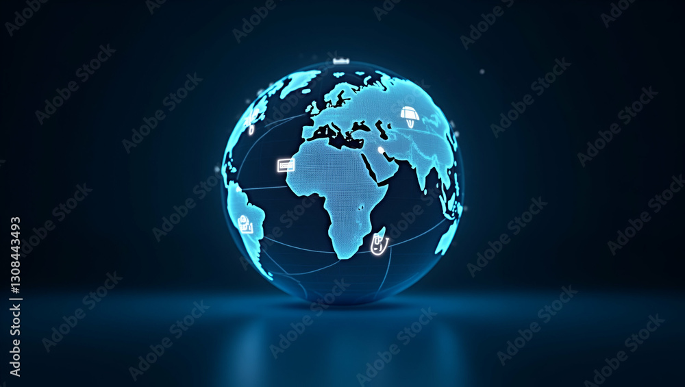 Flat Holographic Globe Illustration: Showcasing Interconnected Network Icons & Server Visuals for Digital Infrastructure & Network Management in a Cute Vector Style Flat Holographic Globe Illustration: Showcasing Interconnected Network Icons & Server Visuals for Digital Infrastructure & Network Management in a Cute Vector Style