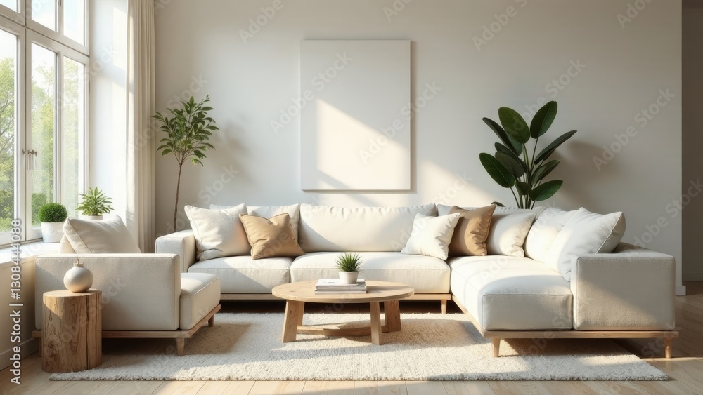 Serene Living Room with Neutral Tones and Natural Light Featuring a Cozy Sectional Sofa and Stylish Decor Serene Living Room with Neutral Tones and Natural Light Featuring a Cozy Sectional Sofa and Stylish Decor