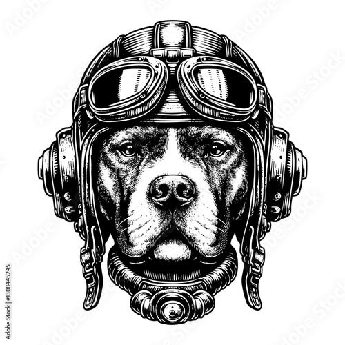 Pitbull dog wears retro pilot helmet engraving black and white outline. Scratch board imitation. illustrated in vintage line art style on a white background.
