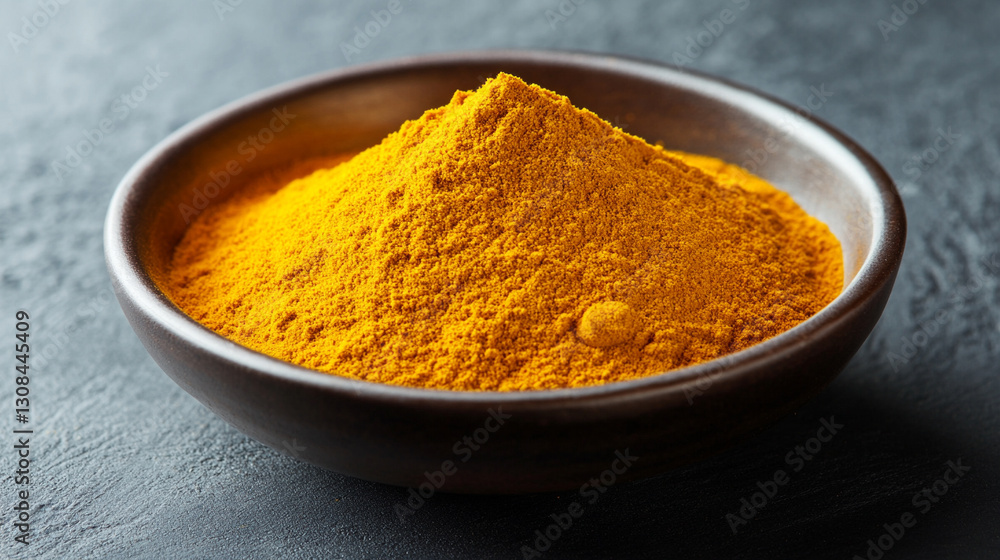 Organic turmeric powder in a bowl, vibrant yellow spice symbolizing health, wellness, and rich flavors in gourmet Indian cuisine, representing ancient traditions and modern culinary trends Organic turmeric powder in a bowl, vibrant yellow spice symbolizing health, wellness, and rich flavors in gourmet Indian cuisine, representing ancient traditions and modern culinary trends