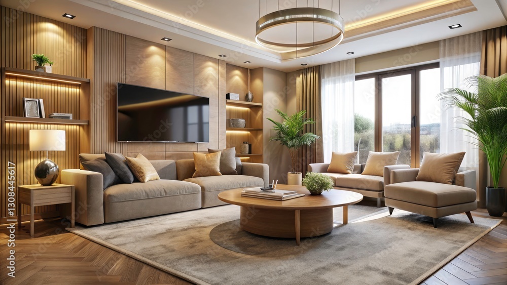 Fototapeta premium Low Light Beige Living Room: Modern Luxury, Big Screen TV, Ample Seating