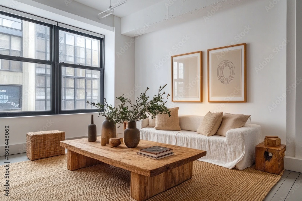 Minimalist, modern living room with large windows, featuring a light beige sofa, wooden coffee table, and abstract art. Minimalist, modern living room with large windows, featuring a light beige sofa, wooden coffee table, and abstract art.