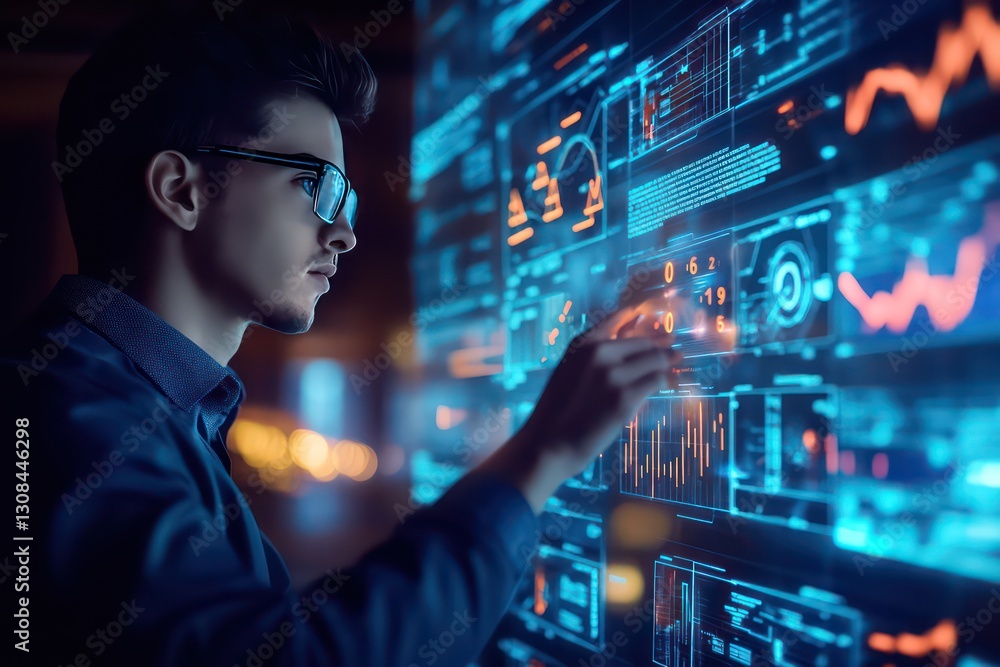 A CEO analyzing a transparent KPI display, with futuristic holographic charts representing key performance benchmarks. A CEO analyzing a transparent KPI display, with futuristic holographic charts representing key performance benchmarks.