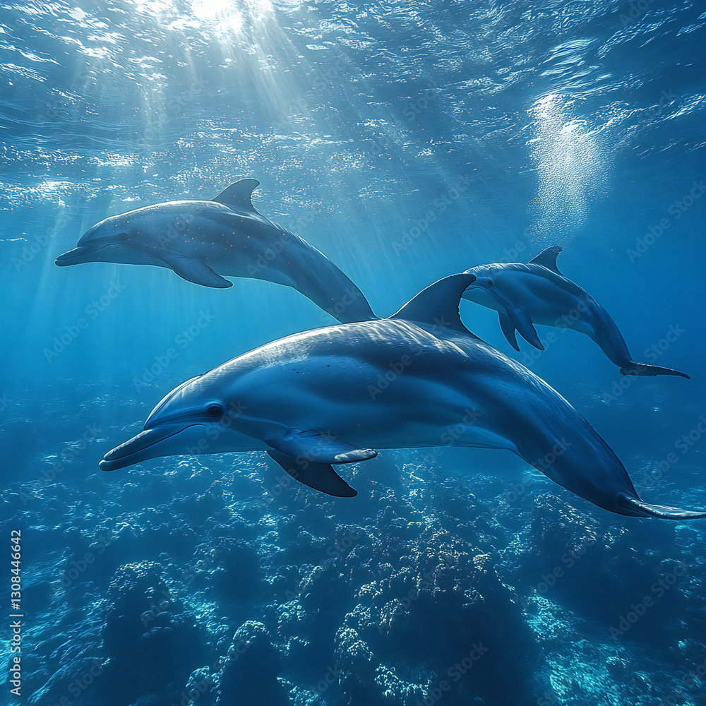 Obraz premium A peaceful underwater scene of a group of dolphins swimming near the ocean surface