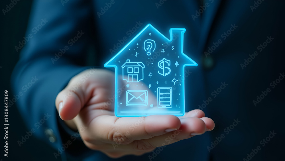 Explore Holographic House Icons: Negotiate Real Estate Deals & Compare Mortgage Options with Glowing Home Symbols in Photo Stock Concept for Financial Simulations Explore Holographic House Icons: Negotiate Real Estate Deals & Compare Mortgage Options with Glowing Home Symbols in Photo Stock Concept for Financial Simulations