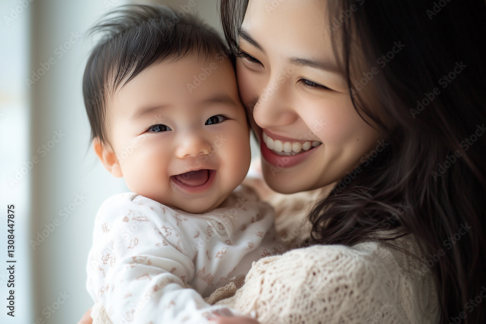 Asian woman is holding a baby and smiling. The baby is smiling back at her. Scene is happy and loving Asian woman is holding a baby and smiling. The baby is smiling back at her. Scene is happy and loving