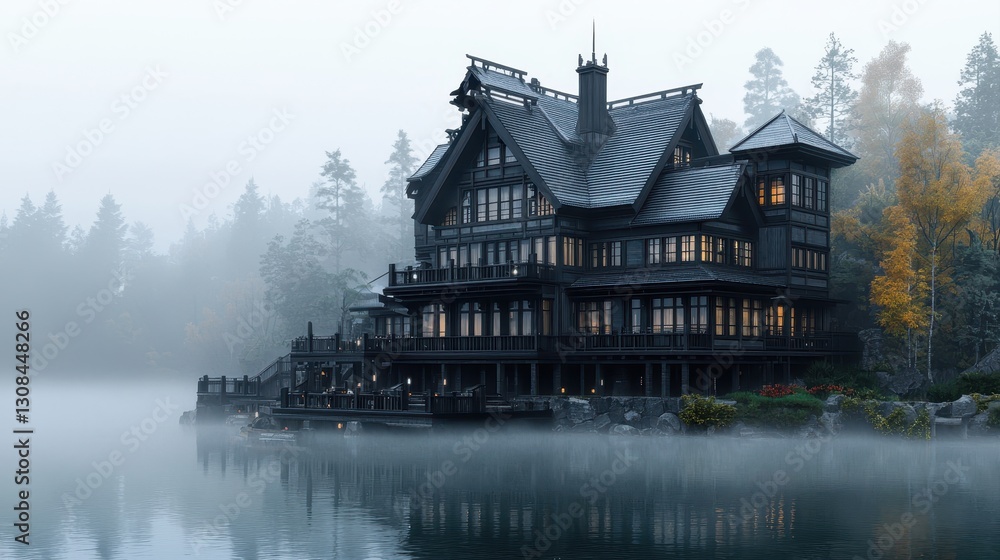 A misty scene featuring a large, dark-colored mansion with a unique roof design, set beside a tranquil lake surrounded by trees. A misty scene featuring a large, dark-colored mansion with a unique roof design, set beside a tranquil lake surrounded by trees.