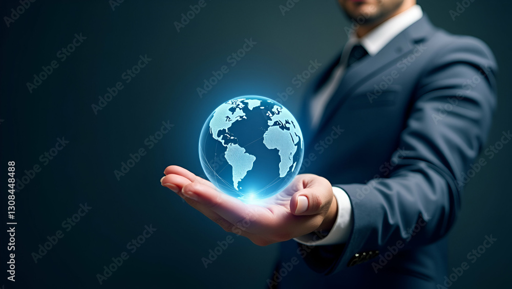 Innovative Businessman Holding Holographic Globe: Showcasing Futuristic Global Connectivity and Collaboration Tools in a Simple Flat Vector Illustration for Smart Business Solutions Innovative Businessman Holding Holographic Globe: Showcasing Futuristic Global Connectivity and Collaboration Tools in a Simple Flat Vector Illustration for Smart Business Solutions