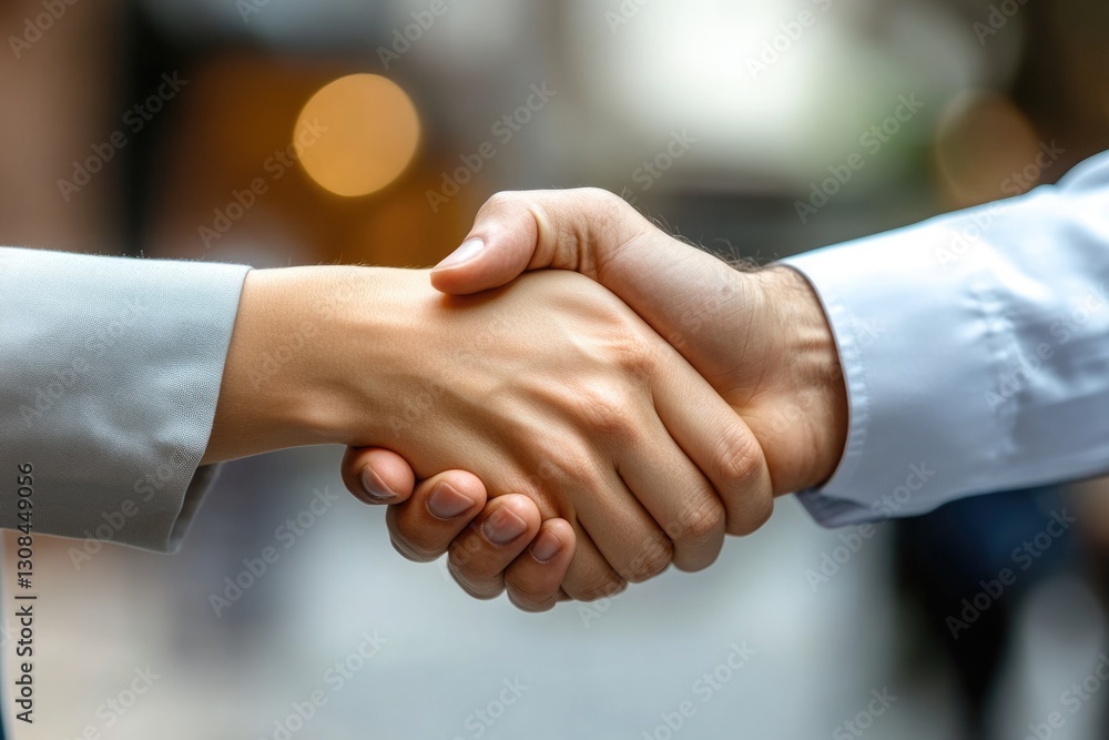 Business Allies: Close-Up of a Successful Handshake Between Male and Female Professionals in Corporate Setting Business Allies: Close-Up of a Successful Handshake Between Male and Female Professionals in Corporate Setting