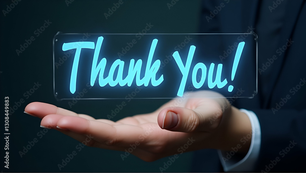 Hand Holding a Holographic 'Thank You' Banner: A Visual Representation of Gratitude Gestures in Customer Interactions - Perfect for Stock Photos with Empty Space on the Left Side Hand Holding a Holographic 'Thank You' Banner: A Visual Representation of Gratitude Gestures in Customer Interactions - Perfect for Stock Photos with Empty Space on the Left Side