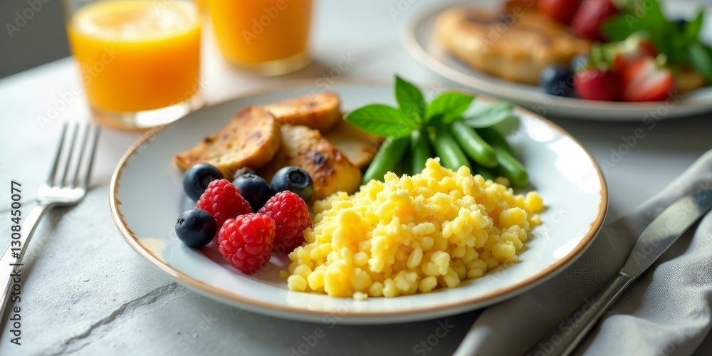 A healthy and delicious breakfast plate featuring savory grilled chicken, creamy polenta, vibrant fresh berries, and tender green beans, complemented by a refreshing glass of orange juice. A healthy and delicious breakfast plate featuring savory grilled chicken, creamy polenta, vibrant fresh berries, and tender green beans, complemented by a refreshing glass of orange juice.