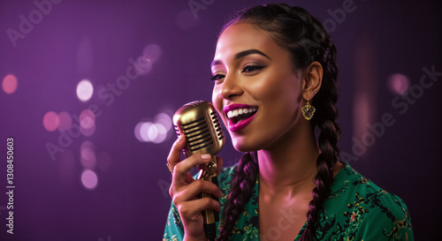 A happy young stylish woman with make-up singing with a vintage microphone at an isolated purple bokeh background