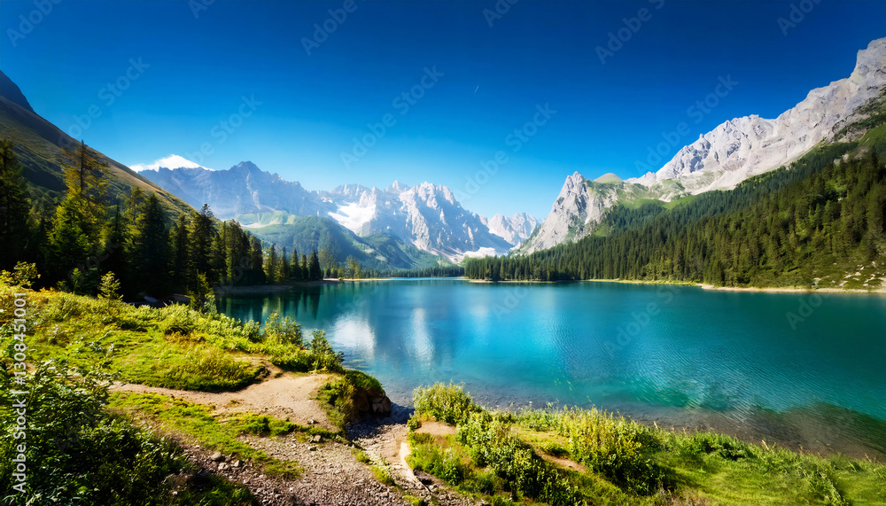 Fototapeta premium Serene Alpine Lake: A breathtaking landscape featuring a pristine turquoise lake nestled amidst majestic snow-capped mountains under a clear blue sky.