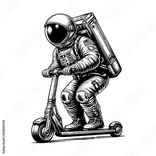 Astronaut riding scooter sketch engraving black and white outline. Scratch board imitation.
