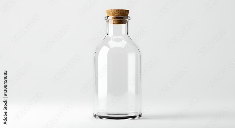 Transparent glass bottle mockup with a cork lid, casting a soft shadow on white Transparent glass bottle mockup with a cork lid, casting a soft shadow on white