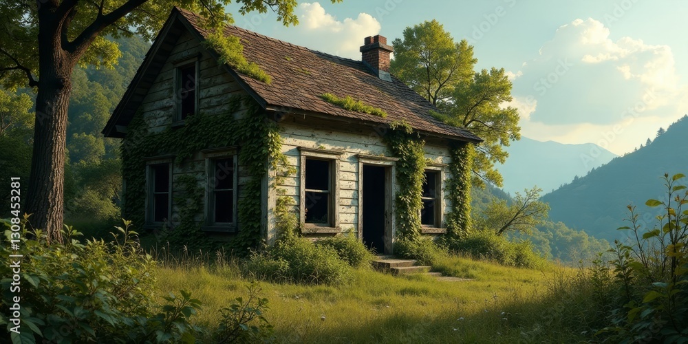Fototapeta premium Serene Overgrown Cottage Nestled in a Verdant Mountain Valley, Basking in Golden Hour Sunlight