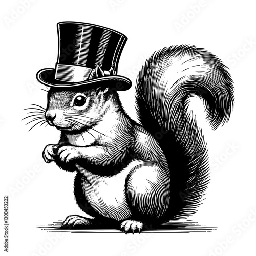 squirrel wear top hat sketch engraving black and white outline. Scratch board imitation.
